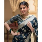 Women's Soft Lichi Silk Printed Saree With Unstitched Blouse 5.5Mtr (Blue) - Image 2
