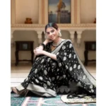 Women's Soft Lichi Silk Printed Saree With Unstitched Blouse 5.5Mtr (Black) - Image 2