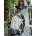 Women's Soft Lilan Printed Saree With Unstitched Blouse 5.5Mtr (White-Black) - Image 2