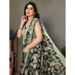 Women's Chiffon Printed Saree With Unstitched Blouse 5.5Mtr (Green) - Image 3