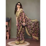 Women's Chiffon Printed Saree With Unstitched Blouse 5.5Mtr (Beige) - Image 2