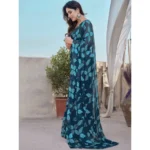 Women's Chiffon Printed Saree With Unstitched Blouse 5.5Mtr (Blue) - Image 3