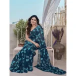 Women's Chiffon Printed Saree With Unstitched Blouse 5.5Mtr (Blue) - Image 2