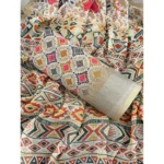Women's Linen Cotton  Printed Saree With Unstitched Blouse 5.5Mtr (Cream) - Image 3