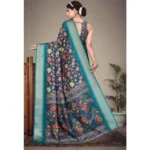 Women's Cotton Silk  Printed Saree With Unstitched Blouse 5.5Mtr (Blue) - Image 2