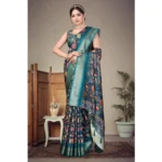 Women's Cotton Silk  Printed Saree With Unstitched Blouse 5.5Mtr (Blue) - Image 3