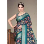 Women's Cotton Silk  Printed Saree With Unstitched Blouse 5.5Mtr (Blue) - Image 4