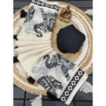 Women's Linen Cotton Printed Saree With Unstitched Blouse 5.5Mtr (Cream & Black)