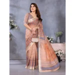 Women's Linen Cotton  Printed Saree With Unstitched Blouse 5.5Mtr (Brown) - Image 4