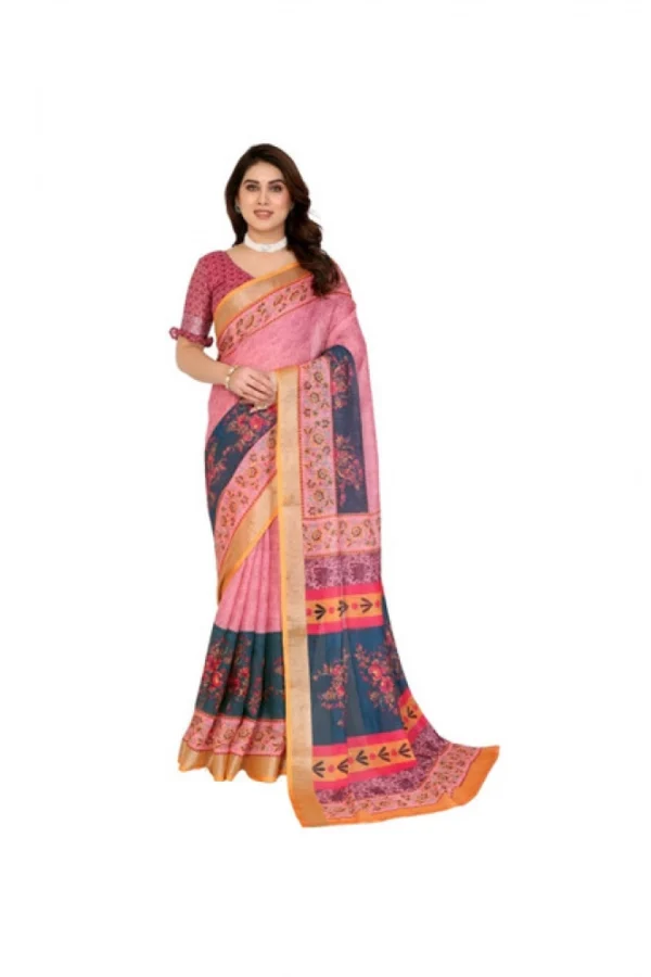 Women's Linen Cotton  Printed Saree With Unstitched Blouse 5.5Mtr (Pink)