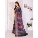 Women's Linen Cotton  Printed Saree With Unstitched Blouse 5.5Mtr (Black) - Image 2