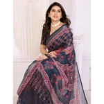 Women's Linen Cotton  Printed Saree With Unstitched Blouse 5.5Mtr (Black) - Image 3