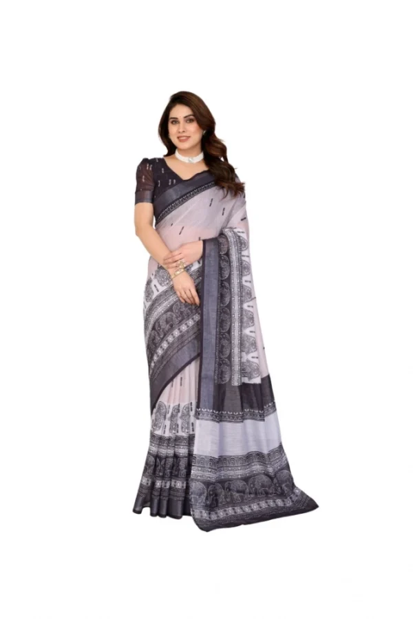 Women's Linen Cotton  Printed Saree With Unstitched Blouse 5.5Mtr (White & Black)