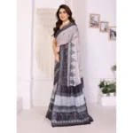 Women's Linen Cotton  Printed Saree With Unstitched Blouse 5.5Mtr (White & Black) - Image 4