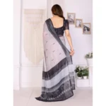 Women's Linen Cotton  Printed Saree With Unstitched Blouse 5.5Mtr (White & Black) - Image 3