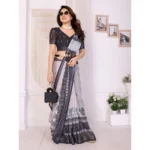 Women's Linen Cotton  Printed Saree With Unstitched Blouse 5.5Mtr (White & Black) - Image 2