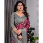 Women's Linen  Printed Saree With Unstitched Blouse 5.5Mtr (Purple) - Image 2