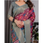 Women's Linen  Printed Saree With Unstitched Blouse 5.5Mtr (Purple) - Image 4