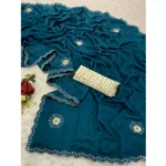 Women's Chiffon Butti Dotted Saree With Unstitched Blouse 5.5Mtr (Blue) - Image 2