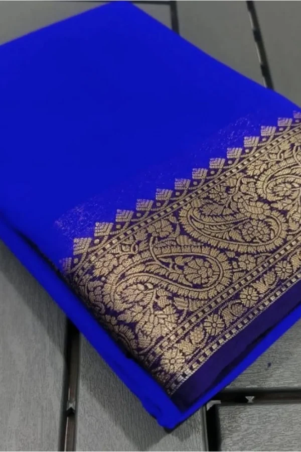Women's Crepe Chit Pallu Solid Saree With Unstitched Blouse 5.5Mtr (Navy Blue)