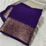 Women's Crepe Chit Pallu Solid Saree With Unstitched Blouse 5.5Mtr (Purple)