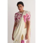 Women's Linen Printed Saree With Unstitched Blouse 5.5Mtr (White) - Image 2