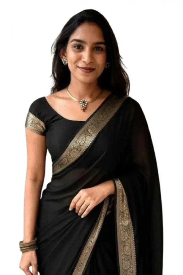 Women's Vichitra Silk Printed Saree With Unstitched Blouse 5.5Mtr (Black)