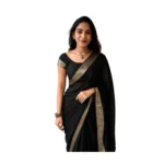 Women's Vichitra Silk Printed Saree With Unstitched Blouse 5.5Mtr (Black) - Image 2