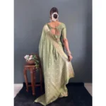 Women's Satin Printed Saree With Unstitched Blouse 5.5Mtr (Green) - Image 5