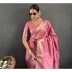 Women's Satin Printed Saree With Unstitched Blouse 5.5Mtr (Pink) - Image 2