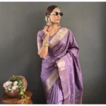 Women's Satin Printed Saree With Unstitched Blouse 5.5Mtr (Purple) - Image 2