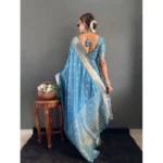 Women's Satin Printed Saree With Unstitched Blouse 5.5Mtr (light Blue) - Image 5