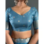 Women's Satin Printed Saree With Unstitched Blouse 5.5Mtr (light Blue) - Image 3