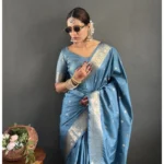 Women's Satin Printed Saree With Unstitched Blouse 5.5Mtr (light Blue) - Image 2