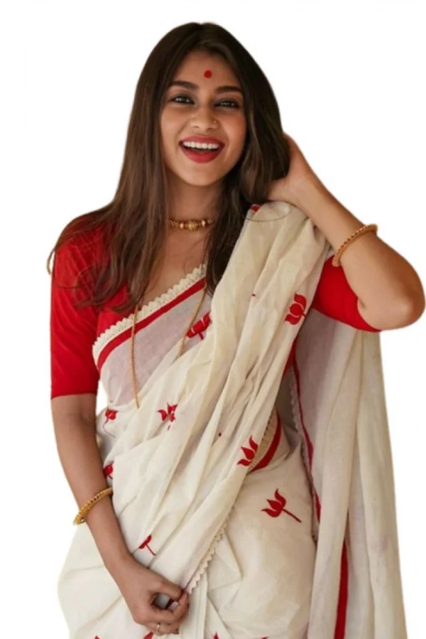 Women's Linen Printed Saree With Unstitched Blouse 5.5Mtr (White)