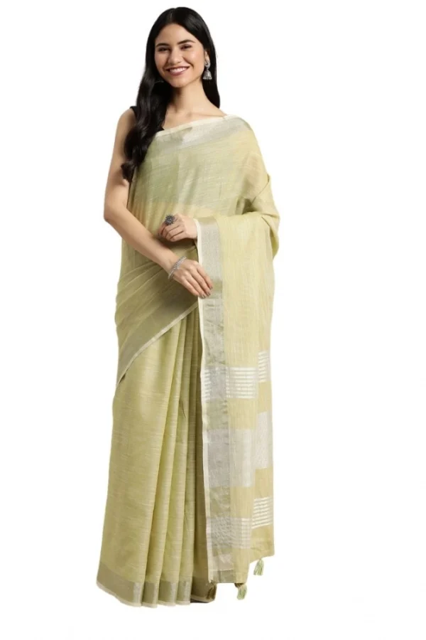 Women's Linen Cotton Printed Saree With Unstitched Blouse 5.5Mtr (Olive Green)