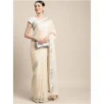 Women's Linen Cotton Printed Saree With Unstitched Blouse 5.5Mtr (Cream) - Image 3