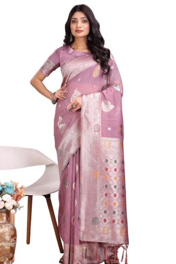 Women's Linen Cotton Printed Saree With Unstitched Blouse 5.5Mtr (Purple)