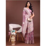 Women's Linen Cotton Printed Saree With Unstitched Blouse 5.5Mtr (Purple) - Image 3