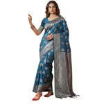 Women's Silk Blend Printed Saree With Unstitched Blouse 5.5Mtr (Teal Blue)