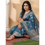Women's Silk Blend Printed Saree With Unstitched Blouse 5.5Mtr (Teal Blue) - Image 2