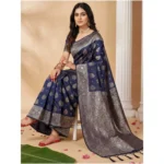 Women's Silk Blend Printed Saree With Unstitched Blouse 5.5Mtr (Navy Blue) - Image 2