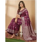 Women's Silk Blend Printed Saree With Unstitched Blouse 5.5Mtr (Purple) - Image 2