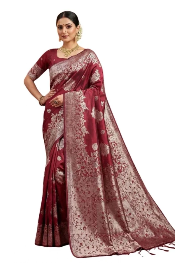 Women's Silk Blend Printed Saree With Unstitched Blouse 5.5Mtr (Maroon)