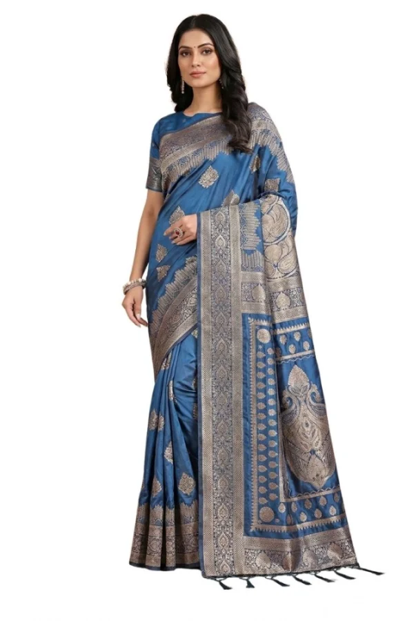 Women's Silk Blend Printed Saree With Unstitched Blouse 5.5Mtr (Sky Blue)