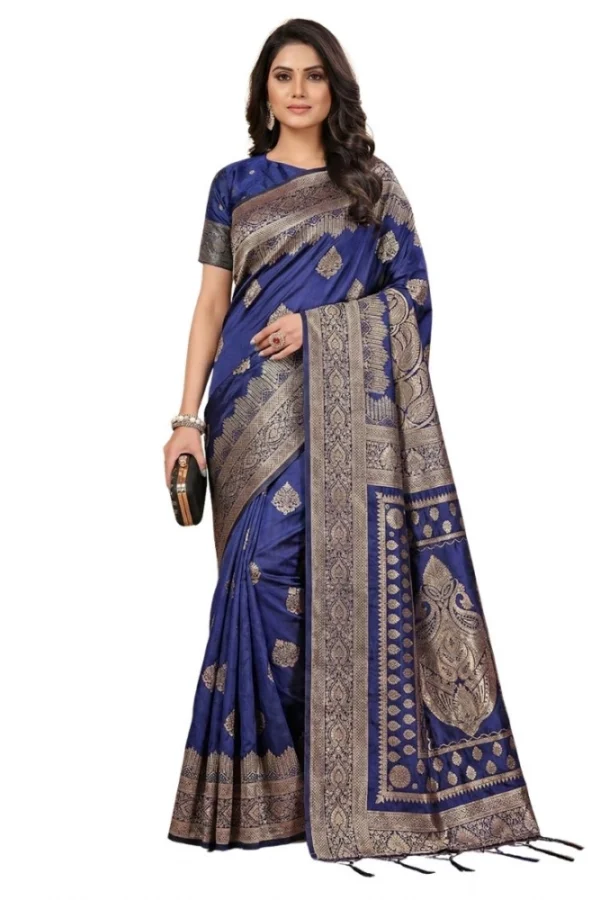 Women's Silk Blend Printed Saree With Unstitched Blouse 5.5Mtr (Navy Blue)