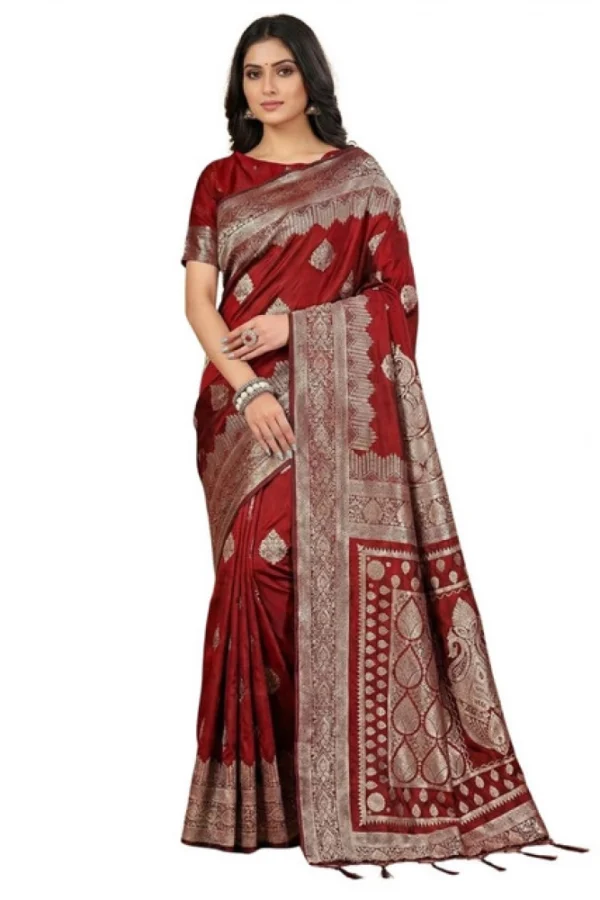 Women's Silk Blend Printed Saree With Unstitched Blouse 5.5Mtr (Maroon)