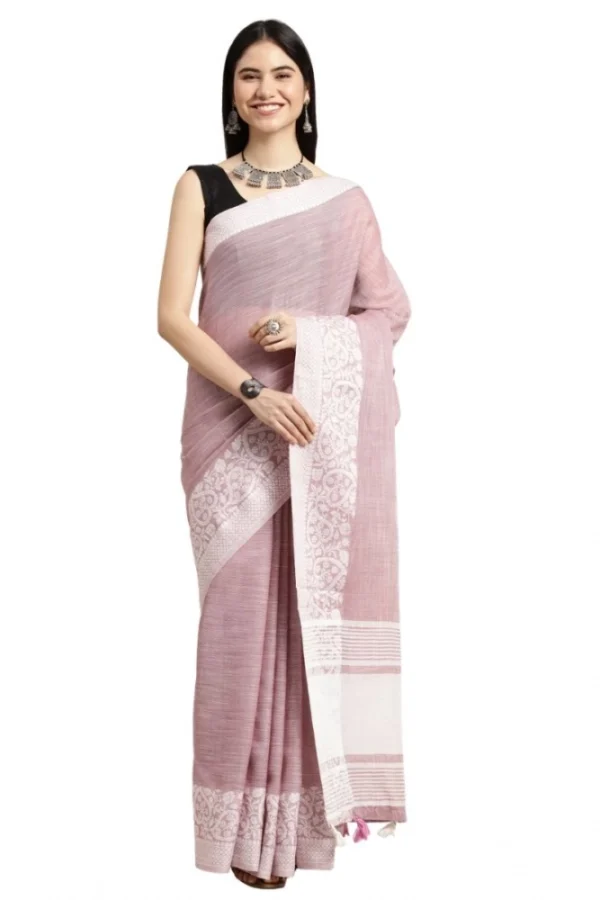 Women's Linen Printed Saree With Unstitched Blouse 5.5Mtr (Purple)