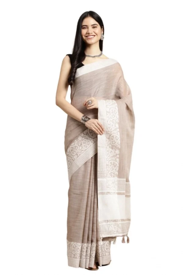 Women's Linen Printed Saree With Unstitched Blouse 5.5Mtr (Beige)