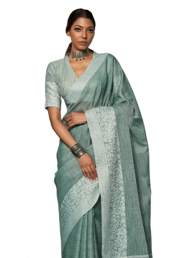 Women's Linen Printed Saree With Unstitched Blouse 5.5Mtr (Sea Green)